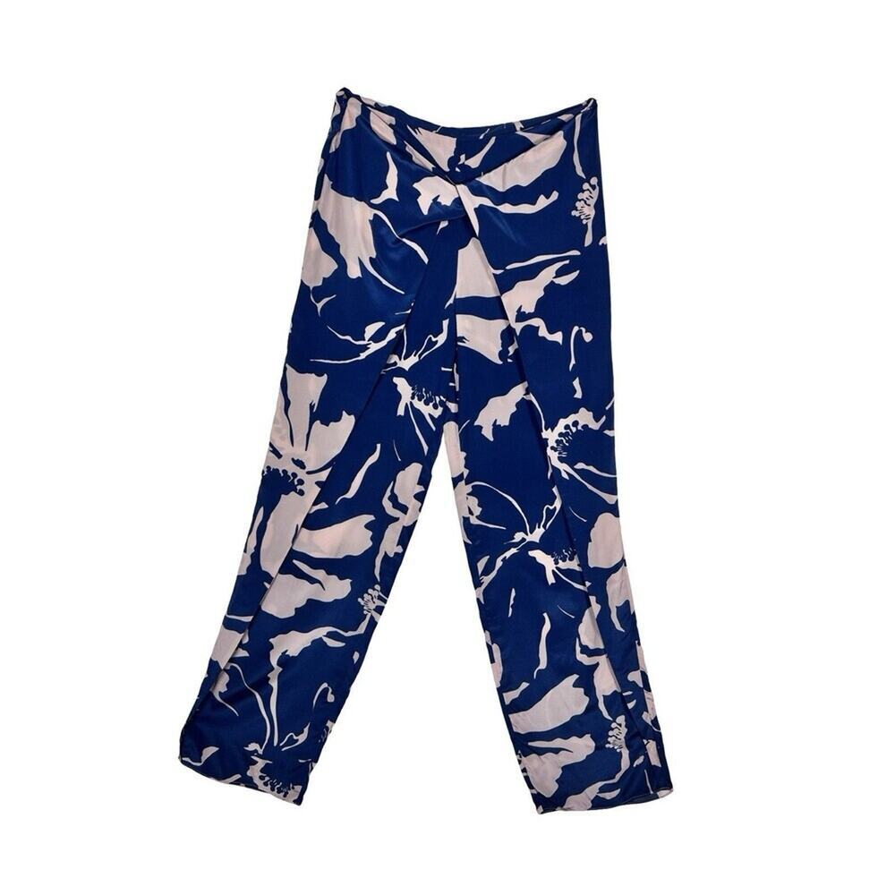 100% Silk Floral Wide Leg Wrap Pants Blue Pink L NWT Resort - Picture 2 of 8